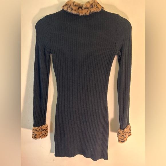 Cider brand faux cheetah print fur lined tight black dress NWT - Picture 2 of 5